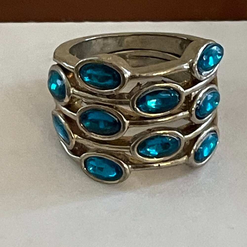 Aqua Blue Multi Row Stone Ring Silver Tone Statement Band